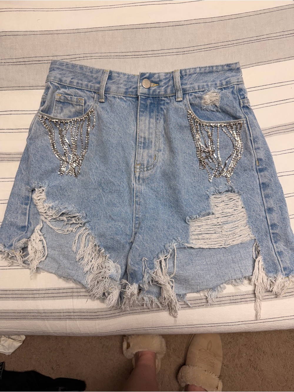 Cider Light Blue Distressed Denim Shorts with Rhinestone Fringe